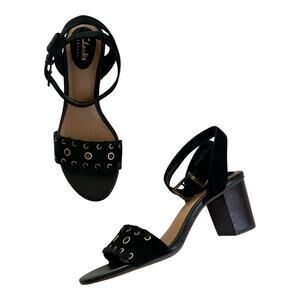 Clarks Ralene Sheen Black Suede Ankle Strap Block Heel Sandals Women’s Size 6